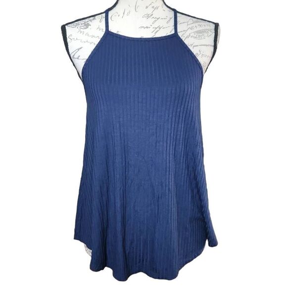 Moa Moa Women's Size Large Navy Ribbed Lace Up Back Tank Top - Picture 1 of 8